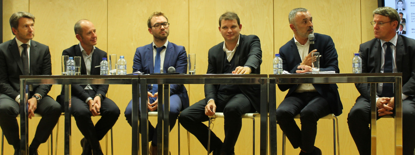 De gauche à droite, les intervenants à la seconde partie de la table ronde, Guido J. Imfeld, Bruno Platel, Raphaël Rault, Stéphane Dhonte, Christophe Roquilly, et Michel Kukula-Descelers.