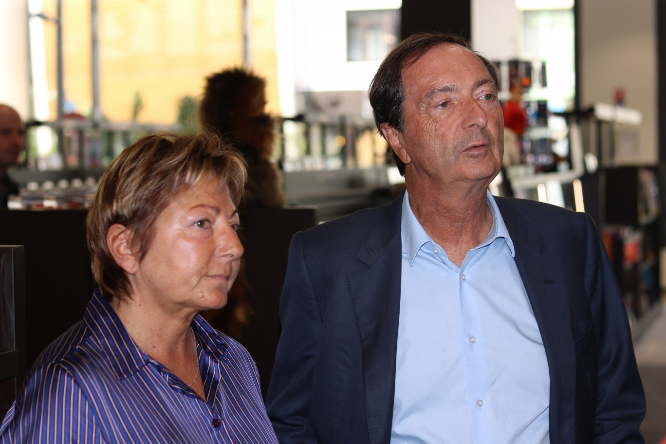 « Michel-Edouard Leclerc en présence de Natacha Bouchart pour l'inauguration du centre culturel Leclerc à Calais Cœur de Vie ».